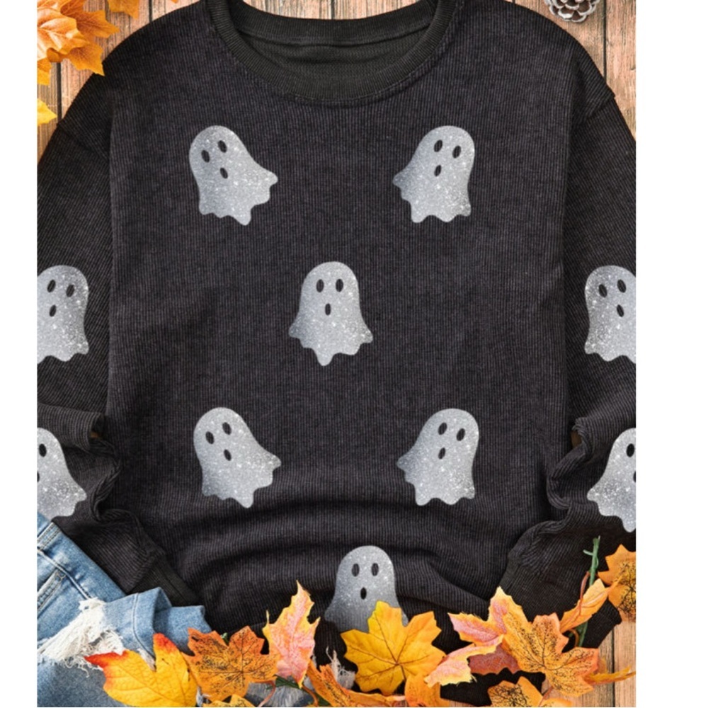 Shiny Ghost Print Ribbed Black Sweatshirt - Picture 2 of 5